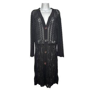Lafayette 148 Open-Knit Cotton-Blend Duster Cardigan Black Longline Sweater Med